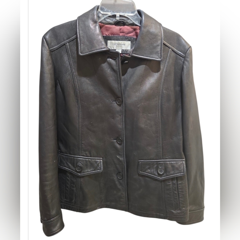Vntg Liz Claiborne Classic Buttery Soft Black Leather Button Womans Jacket Sz L